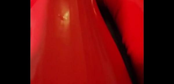  Shiny red latex rubber stockings closeup